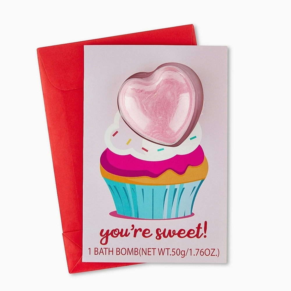 Scented Pink Heart Cupcake Bath Bomb Card - You're Sweet - Valentine's Day Gift